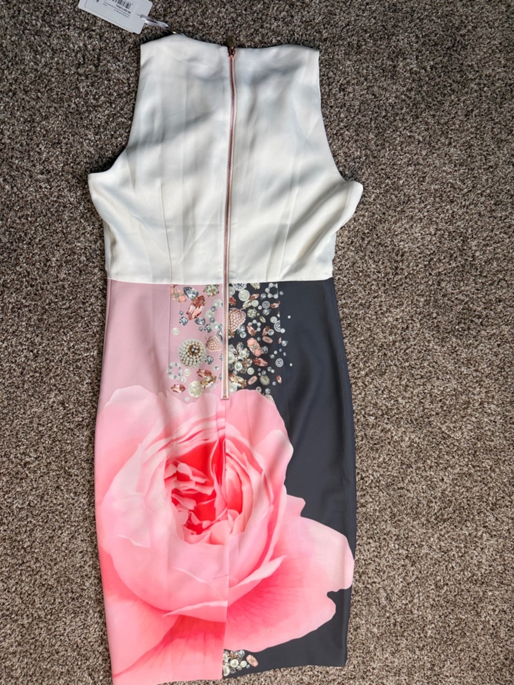 Ted Baker Cream, Black & Pink Floral Midi Sheath Dress - Picture 5 of 5